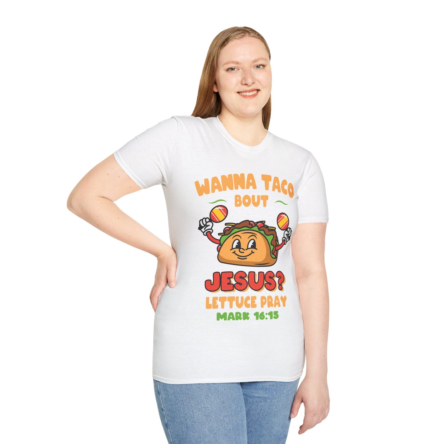 Religious Cinco De Mayo Unisex Softstyle T-Shirt with Taco Design