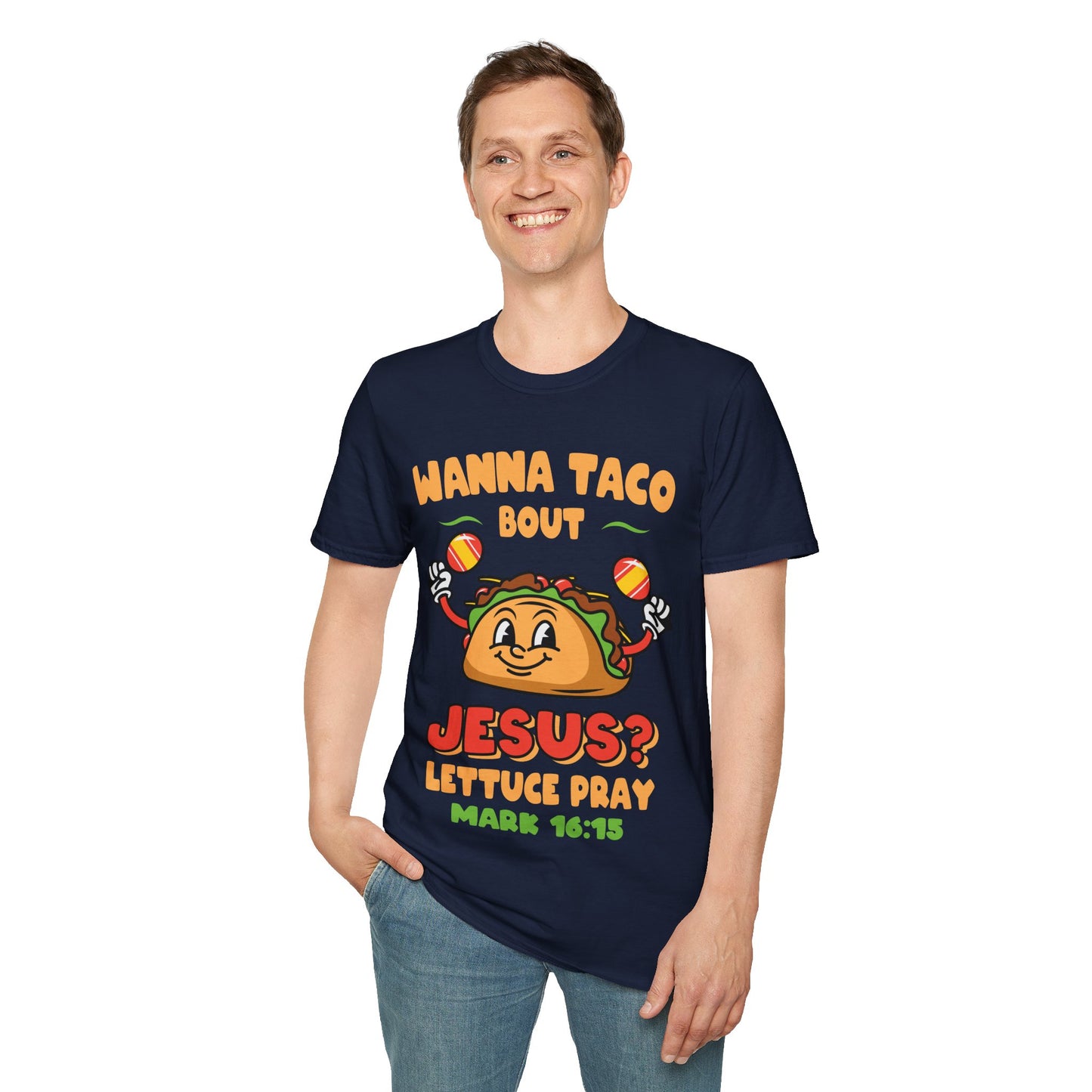 Religious Cinco De Mayo Unisex Softstyle T-Shirt with Taco Design