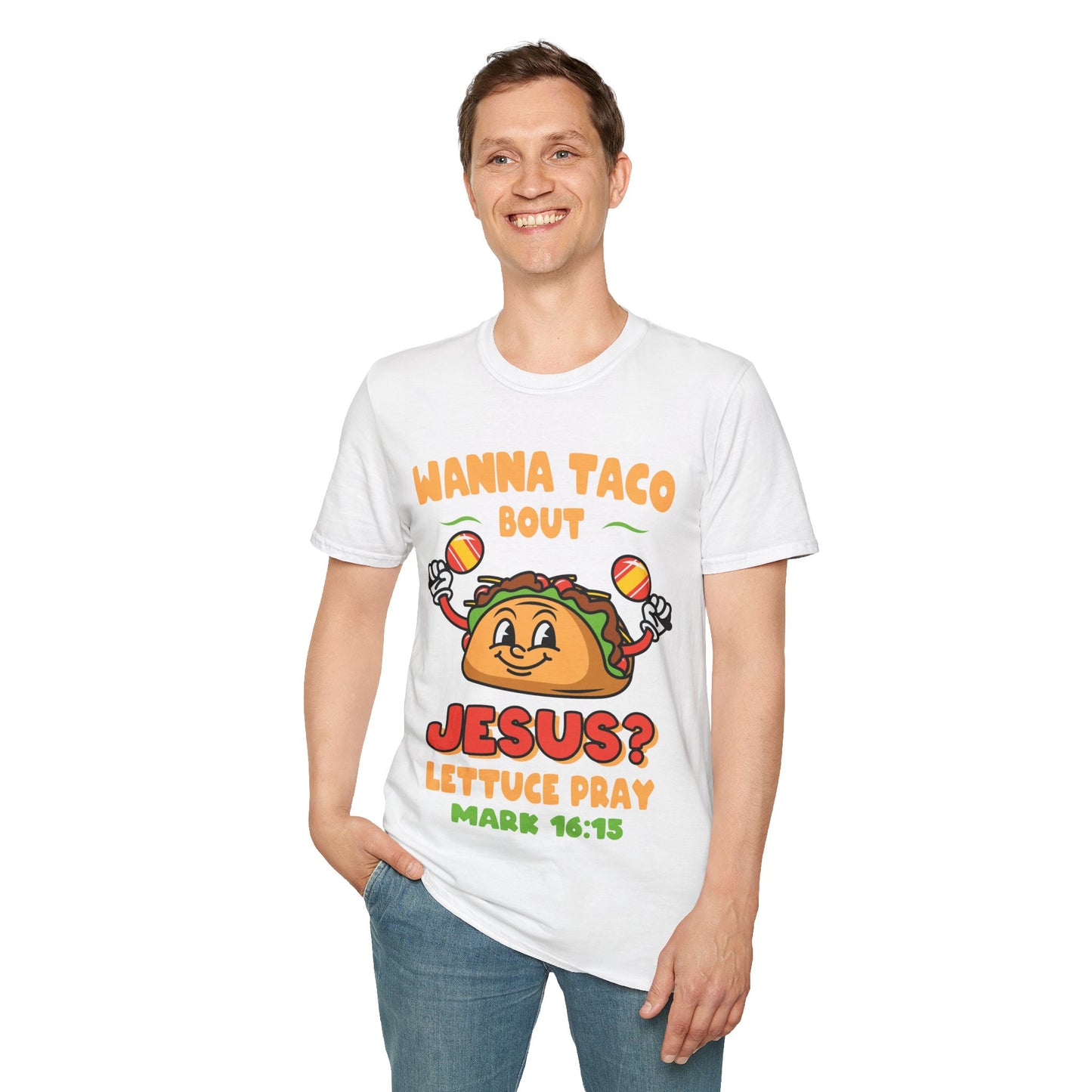 Religious Cinco De Mayo Unisex Softstyle T-Shirt with Taco Design