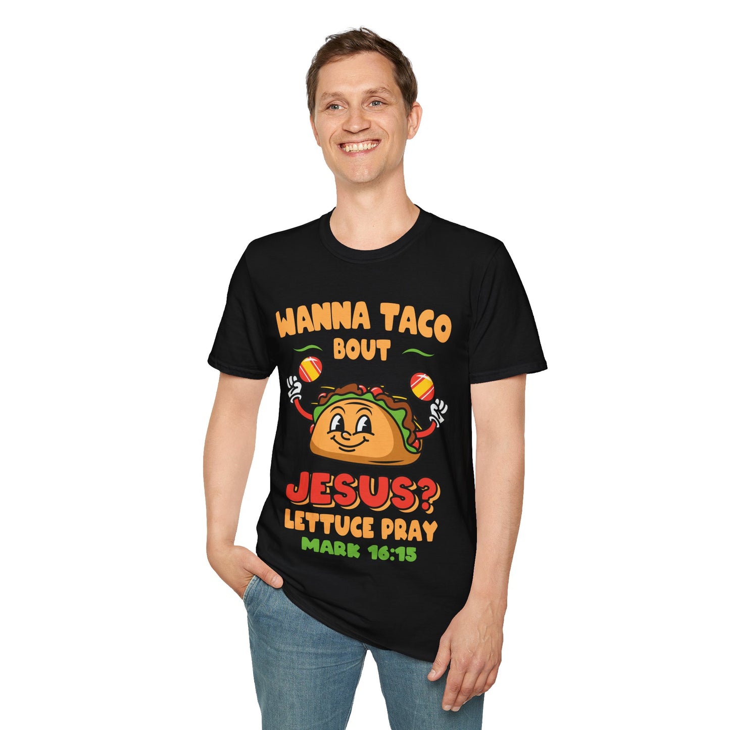 Religious Cinco De Mayo Unisex Softstyle T-Shirt with Taco Design